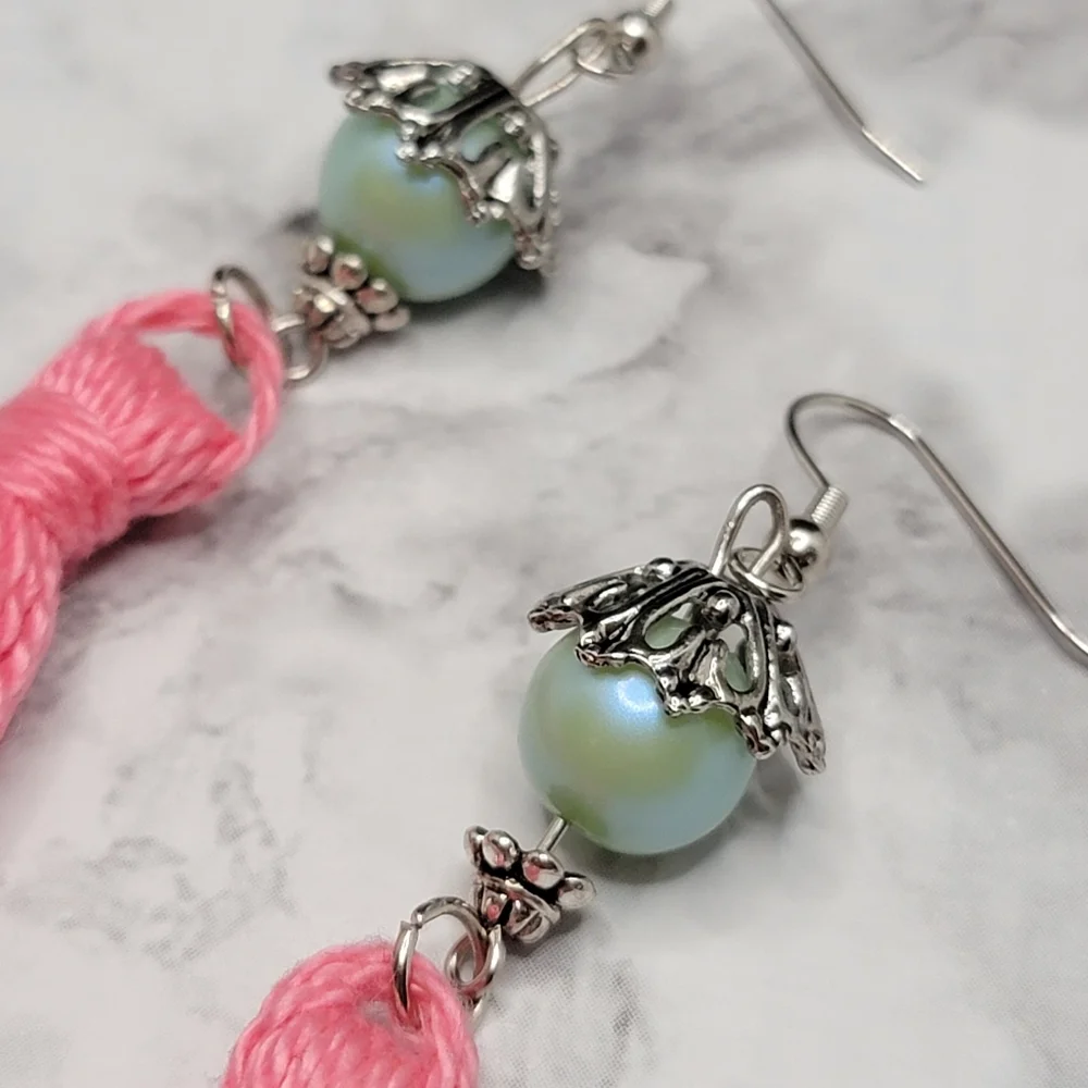 Handmade Tassel Earrings Pink Minty Teal Pearlescent Faux Pearl Bell Boho Hippie